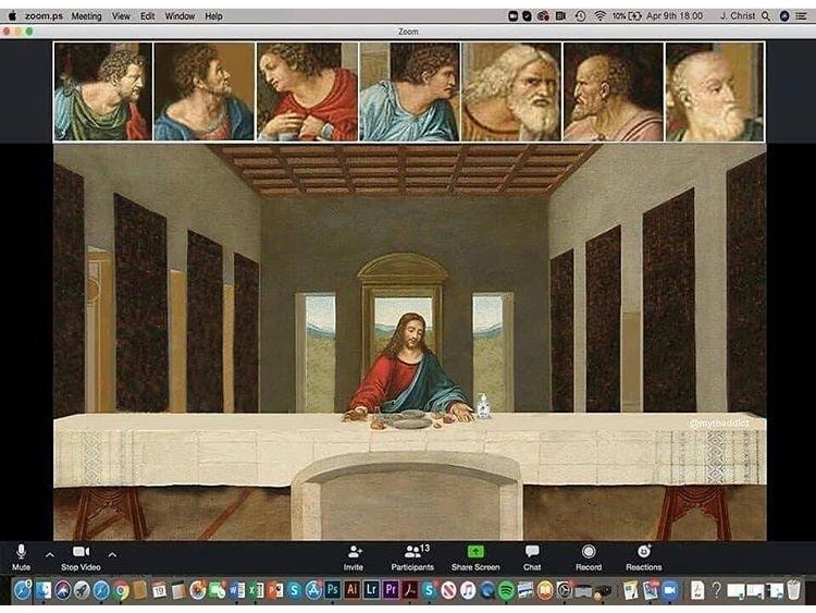 A web conference showing Leonardo da Vinci's Last Supper, with Jesus alone at the table.